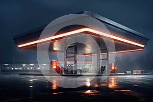 An illuminated gas station in the rain, standing out against the dark night sky., Modern gas station, AI Generated