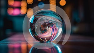 Illuminated glass sphere reflects bright nightclub background generated by AI