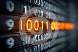 Illuminated glowing binary code digits on a digital screen representing computer data processing and information technology