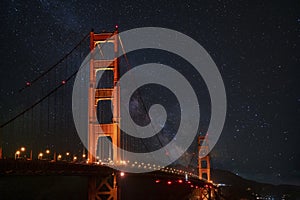 Illuminated Golden Gate Suspension Bridge under beautiful star field at night