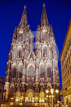 Illuminated Gothic Cologne Cathedral at Night, Germany