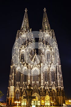 Illuminated Gothic Cologne Cathedral at Night, Germany