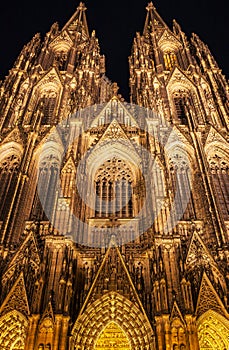 Illuminated Gothic Cologne Cathedral at Night, Germany