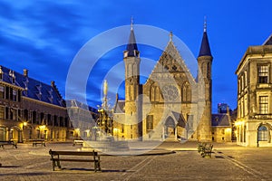 Illuminated gothic facade of Ridderzaal, Hague