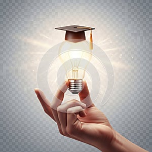 Illuminated graduation cap adorns glowing light bulb held by a hand symbolizing knowledge and bright ideas