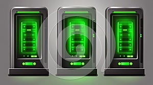 Illuminated green servers, a visualization of data processing and network connectivity in modern center