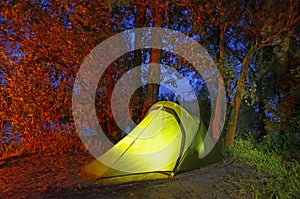 illuminated green tent at night forest , Desna river