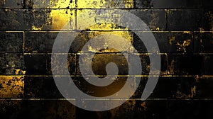 Illuminated Grunge Gold Brick Wall Background With Dramatic Lighting Effect And Dark Stone Texture. photo