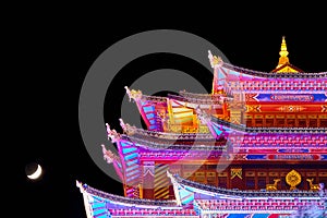 Illuminated Guishan Temple of Tibetan Buddhism at night, China