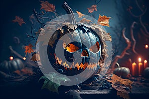 Illuminated halloween pumpkin on a floor in a dark forest. Halloween party. Night scene. Horror.