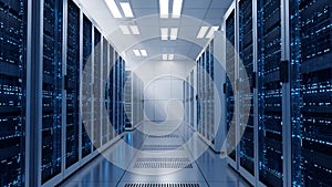 Modern Data Center Hallway with Server Racks, Network Technology, Cloud Computing