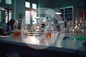 Illuminated High School Chemistry Laboratory with Students Conducting Experiments