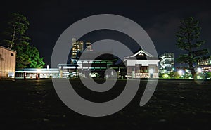 The illuminated Hiroshima castle surrounded by trees in the night, Hiroshima, Japan