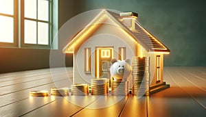 Illuminated House Model with Piggy Bank and Coins, Home Savings Concept