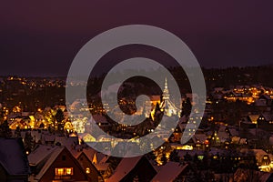 Illuminated houses in Seiffen at Christmastime. Saxony Germany - Winter