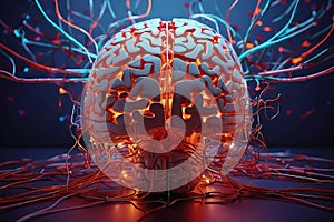 An illuminated human brain design, interconnected with smaller brains and wires, delving into the mysteries of the Cosmic Neural
