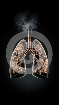 Illuminated human lungs with glowing bronchial network on dark background