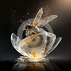 Illuminated Ice Lily and Golden Bee in Flight and Rest. Generative AI