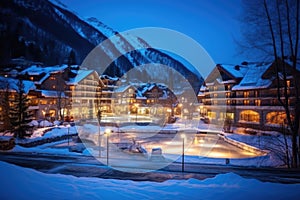 illuminated ice rink near a mountain resort at night