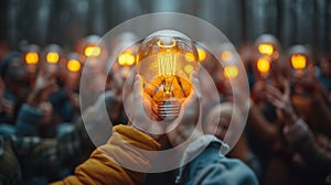 Illuminated Ideas, Crowd Holding Glowing Light Bulbs in Winter Night