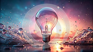 Illuminated ideas a lightbulb emerges from water at sunset. Generative AI
