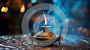 Illuminated incense burner with flame and smoke on table