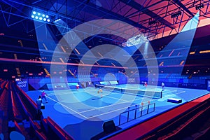 Illuminated indoor tennis court with sunlight. Tournament. Competition game. Modern art Grainy gradients design concept