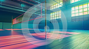 Illuminated indoor volleyball court with sunlight. Tournament. Competition game. Modern art Grainy gradients design concept.