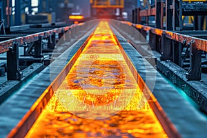 Illuminated Industrial Steel Mill Casting Hot Orange Glowing Metal in Nighttime Setting