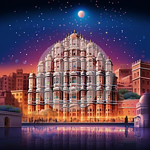 Illuminated Jaipur at Night with Hawa Mahal