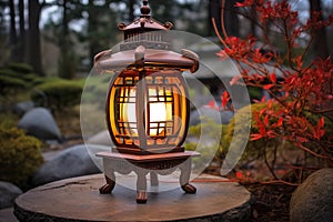 Illuminated Japanese Lantern in Tranquil Garden