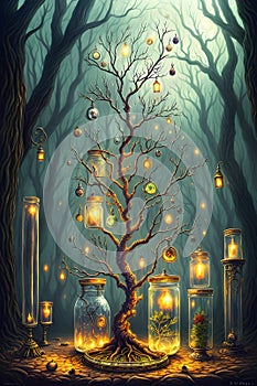 The Illuminated Jars: Bare Trees and Alchemical Symbols in a Fantastic Forest. AI generated