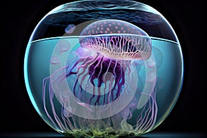 illuminated jellyfish in a aquarium magic ball, illustration Generative AI