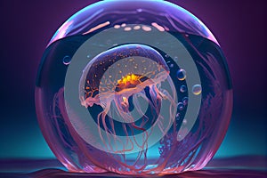 illuminated jellyfish in a aquarium magic ball, illustration Generative AI