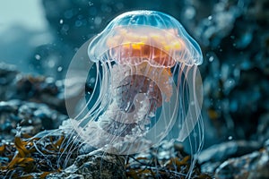 Illuminated Jellyfish Gliding Gracefully in Serene Underwater Scene with Vibrant Tentacles and Ethereal Glow