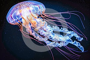 Illuminated Jellyfish Swimming Gracefully in Dark Ocean Waters, Ethereal Marine Life Scene, Bioluminescent Wildlife Underwater