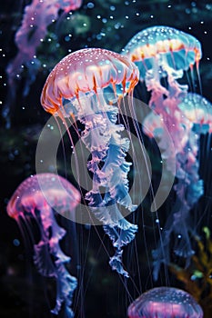 Illuminated jellyfish with vibrant pink hues underwater