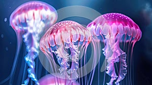 Illuminated jellyfish with vibrant pink hues underwater