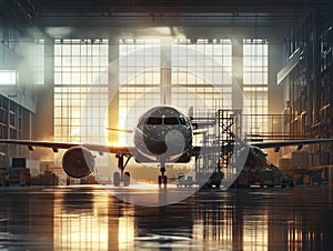 Illuminated jet undergoing maintenance in a spacious hangar