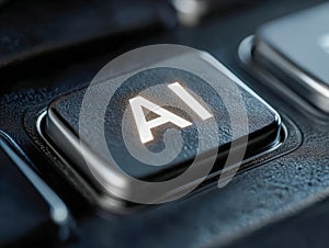 Illuminated key with artificial intelligence letters on a modern computer keyboard symbolizing technology and innovation in