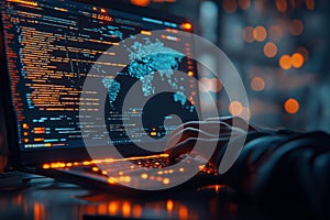 An illuminated keyboard displays dynamic programming code in a dark tech space at night. Generative AI