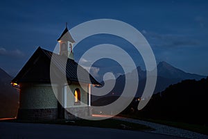 Illuminated Kirchleitn Chapel with Mount Watzmann