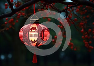 Illuminated lantern hanging outdoors, winter night, glowing Christmas decoration generated by AI