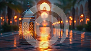 Illuminated lantern on a pathway in an ornate palace