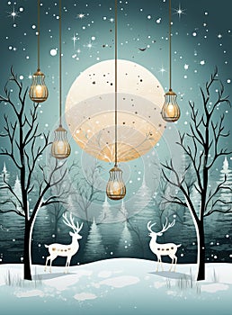 Illuminated Lanterns, Deers, and Full Moon in Snowy Landscape. Design for Christmas Greeting Card, Poster or Gift.