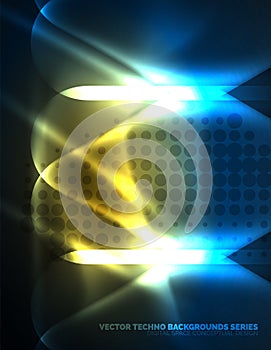 Illuminated lens flares, glowing color techno background