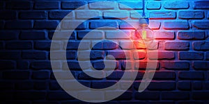 Illuminated light bulb against blue brick wall, warm glow, textured surface