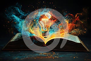 Illuminated light bulb and book representing knowledge and creative thinking concepts