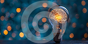 Illuminated light bulb with brain symbolizes creativity innovation and inspiration concept. Concept