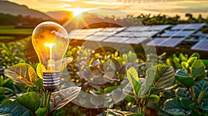 Illuminated Light Bulb in Farm Field during Sunset, Symbolizing Innovative Agriculture. Sustainable Energy Concept. Eco